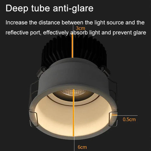 Smooth 10W Dimmable Cob Led Spotlight 12 Pack showcasing deep tube anti-glare design with precise measurements for glare prevention.