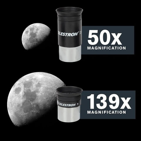 Close-up view of NexStar 90SLT Mak Totally Portable Computerized Telescope magnification comparisons, 50x and 139x.