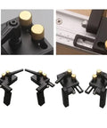 Heavy Duty Aluminum Miter Track Stop for 19mm T Slot T Tracks with ergonomic handle and gold knobs, shown in various angles