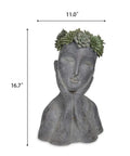 Cool Modern Impressionist Face Planter Pot For Indoor Outdoor Use With Drainage Hole Cactus And Succulent Planter Gray Aged Concrete Finish Polystone Farmhouse Decor Hand Painted Sage Green Floral Crown 11x8.5x16.5 Inches front view.