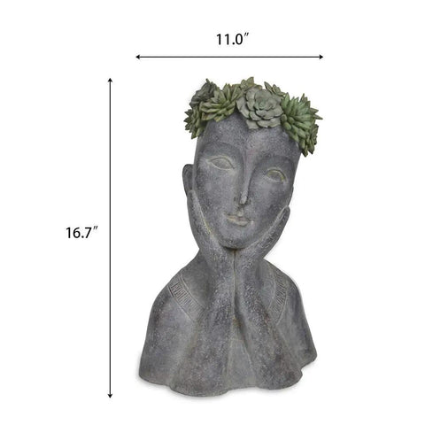 Cool Modern Impressionist Face Planter Pot For Indoor Outdoor Use With Drainage Hole Cactus And Succulent Planter Gray Aged Concrete Finish Polystone Farmhouse Decor Hand Painted Sage Green Floral Crown 11x8.5x16.5 Inches front view.