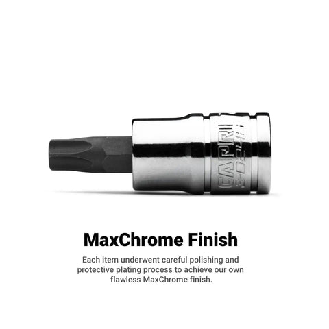 Close-up of a Torx bit from Master Torx Star Socket Set 60 Piece Drop Forged S2 Steel Bits With Chrome Vanadium Sockets