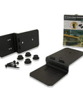 Eight-Inch Post To Beam Bolt Inline Connector Two-Pack with black finish, plates, bases, screws, nuts displayed with packaging