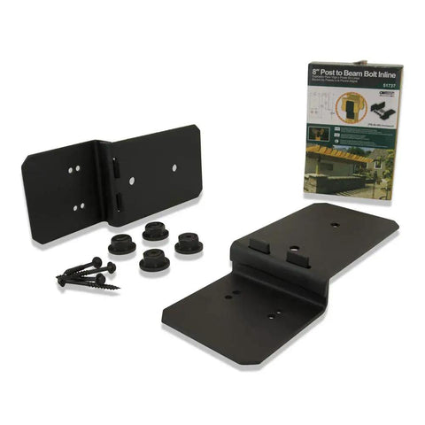 Eight-Inch Post To Beam Bolt Inline Connector Two-Pack with black finish, plates, bases, screws, nuts displayed with packaging