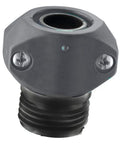 Half Inch Garden Hose Male Coupling With Poly End Mender, beefy stainless steel screws visible, fits all half inch hoses