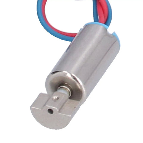 Close-up of Micro Coreless Vibration Motor 6mm x 12mm, DC 1.5V To 3V Mini Vibration Engine, 12000 RPM, cylindrical design with red and blue wires