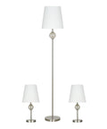 Transitional 3 Piece Table And Floor Lamp Set With Glass Font Detail, 58 Inch Floor Lamp And Two Table Lamps, Brushed Nickel Finish