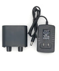 Two Channel 3.5mm Stereo Mini Headphone Mixer With Dual Inputs And 3.5mm Aux Output, power adapter shown