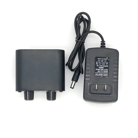 Two Channel 3.5mm Stereo Mini Headphone Mixer With Dual Inputs And 3.5mm Aux Output, power adapter shown