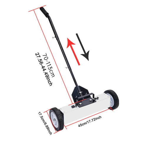 18 Inch Metal Pickup Lawn Sweeper Broom With Adjustable Handle And Wheels For Workshop Debris Collector Efficiently Clears Iron Filings And Shredded Scrap From Floors In Industrial Settings Or Heavy Duty Garage Shops Quick To Use