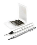 Pro Grade Deburring Tool Kit With 11 High Speed Steel Swivel Blades And Tungsten Carbide Scribe displayed with case and tools