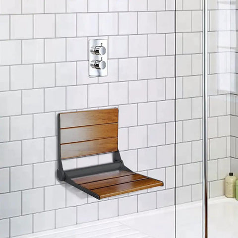 18 Inch Folding Teak Shower Bench Seat in Black, ADA Inspired Accessible Design, clear coat, wall mounted in shower