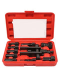 Essential Ten Piece Motorcycle Bearing Puller Extractor Set Featuring Two Jaw Extraction Tools For Wheel Hub Removal Stored In Cool Carry Case Ideal Shop Gear For Riders And Mechanics Who Need Reliable Tools To Remove Stubborn Bearings Easy. Red case with 10-piece steel motorcycle bearing puller set