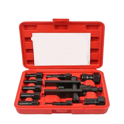Essential Ten Piece Motorcycle Bearing Puller Extractor Set Featuring Two Jaw Extraction Tools For Wheel Hub Removal Stored In Cool Carry Case Ideal Shop Gear For Riders And Mechanics Who Need Reliable Tools To Remove Stubborn Bearings Easy. Red case with 10-piece steel motorcycle bearing puller set