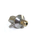 Waterjet cutter head body, chrome metal with knurled brass nozzle, angled side view