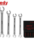 Four Piece Flare Nut Wrench Set With Offset Ends Metric Two Sizes Per Wrench 9 And 11 Millimeter 10 And 12 Millimeter 13 And 14 Millimeter 15 And 17 Millimeter Chromium Vanadium Steel With Pouch For Easy Organization And Nut Removal On Fuel Lines And displayed with black pouch