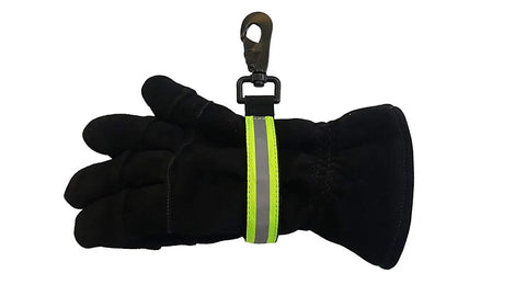 Heavy Duty Firefighter Glove Strap With Reflective Lime Trim Extra Long 7.5 Inch Sides Industrial Nylon Webbing Hook And Loop Closure Black Swivel Snap Hook Orange Accent