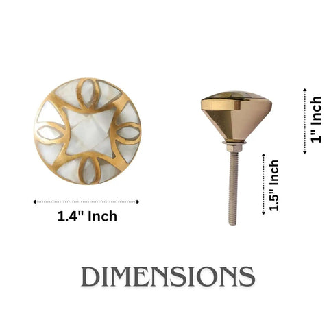 Set Of Four Premium Mother Of Pearl Decorative Drawer Knobs With Gold Embroidered Detailing dimensions 1.4 inch round brass handle