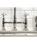 Heritage Bridge Kitchen Faucet With Two Handles And Metal Side Sprayer, 8 Inch Center Spacing, 4 Hole Mount, Dope Polished Chrome