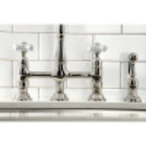 Heritage Bridge Kitchen Faucet With Two Handles And Metal Side Sprayer, 8 Inch Center Spacing, 4 Hole Mount, Dope Polished Chrome