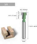 1 Pc 1/4 Inch Shank T Slot Cutter Router Bit For Precision Woodworking next to a wooden piece showing T slot dimensions.