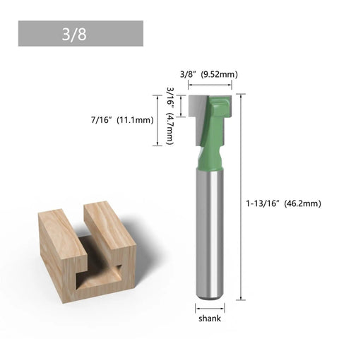 1 Pc 1/4 Inch Shank T Slot Cutter Router Bit For Precision Woodworking next to a wooden piece showing T slot dimensions.