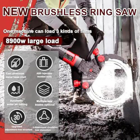 Straight Up Heavy Duty Brushless Concrete Cutter Ring Saw With Switchable Titanium Blade Sizes And Zero Hassle Automatic Adjustment 8900W Brushless Motor Hits 3000Rpm For Killer Masonry Work cutting through concrete with ABS body and automatic water jet.
