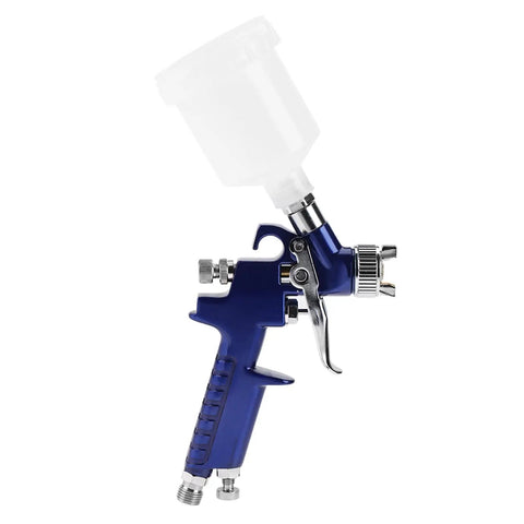 High End Mini Pneumatic Paint Sprayer With Gravity Feed Cup And 0 8MM Nozzle, blue spray gun side view with ergonomics.