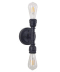 Vintage Edison Vibe Two Light Bathroom Vanity Wall Sconce In Black Finish With Industrial Water Pipe Design For Loft Chic Interiors E26 Retrofit Lamp For Hallways Kitchens Studios And Rustic Shop Decor, front view of black fixture with bulbs