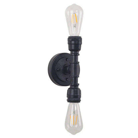 Vintage Edison Vibe Two Light Bathroom Vanity Wall Sconce In Black Finish With Industrial Water Pipe Design For Loft Chic Interiors E26 Retrofit Lamp For Hallways Kitchens Studios And Rustic Shop Decor, front view of black fixture with bulbs