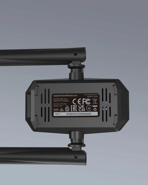 Back view of AX1800 USB WiFi 6 Adapter For PC Laptop Desktop Long Range Dual Band with high-gain antennas and USB 3 port.