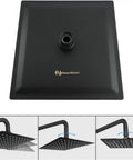 Square Rain Shower Head With 15 Inch Extension Arm 8 Inch Matte Black Stainless Steel Rainfall Shower Head For Full Body Coverage And Dope Waterfall Flow, top and side views showing water flow directions.