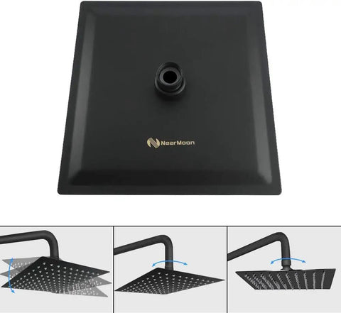 Square Rain Shower Head With 15 Inch Extension Arm 8 Inch Matte Black Stainless Steel Rainfall Shower Head For Full Body Coverage And Dope Waterfall Flow, top and side views showing water flow directions.