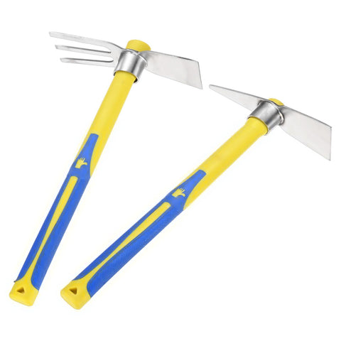 Two Piece Garden Hoe Tools Set With 15.7 Inch Stainless Steel Cultivator Tiller And Pick Mattock Hoe Fiberglass Handle