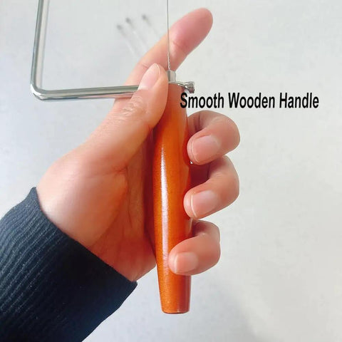 7.5 Inch Badass Cheese Slicer Kit Stainless Steel Wire Cutter With Wood Handle showing smooth wooden handle grip.