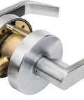 Aug 30 26D Grade 2 Commercial Duty Passage Lever, ADA Compliant, Satin Chrome Finish, shown from side with mechanism.