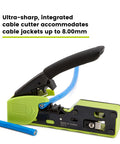 All In One RJ45 Crimp Tool For Pass Through Connectors, Cut, Score, And Strip, Works With Cat5e, Cat6, Cat6A Shielded And Unshielded Cabling; showing cutter and cable.