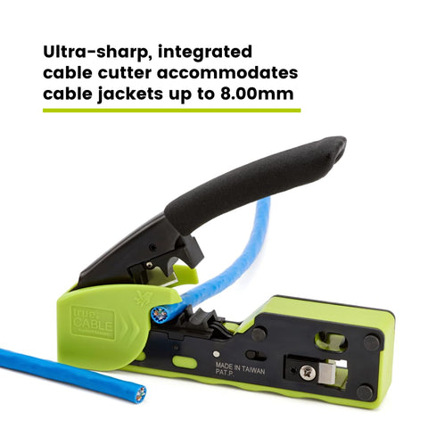 All In One RJ45 Crimp Tool For Pass Through Connectors, Cut, Score, And Strip, Works With Cat5e, Cat6, Cat6A Shielded And Unshielded Cabling; showing cutter and cable.