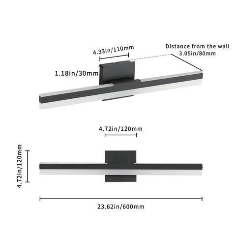Back view and side dimensions of 24 Inch Gold Dimmable LED Vanity Lights For Bathroom Vanity Light Fixtures Modern Sconces For Vanity Mirror