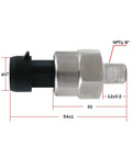 Side view of Beefy 150 PSI 1/8 NPT Pressure Transducer Sensor For Cars Autos Motorcycles And Boats Stainless Steel Oil Pressure Transmitter For Fuel Air Gas Water And Other Liquids.
