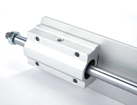 DC24V reciprocating linear actuator with aluminum housing and guide rod, mounted carriage with multiple mounting holes.