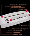 Electric Business Card Cutter With Chamfered Edges And Smooth Nine Blade Action Includes Fifty Matte Cards, detailing controls and features.