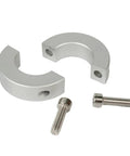 Rock Solid And Built Like A Tank Adjustable Double Split Shaft Collar Clamp Ring Bearing Backstop Spacer With Premium Anodized Silver Finish, showing two halves and screws.