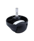 Front wheel caster assembly for Roomba in black plastic housing with white caster wheel and metal stem