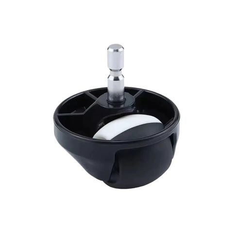 Front wheel caster assembly for Roomba in black plastic housing with white caster wheel and metal stem