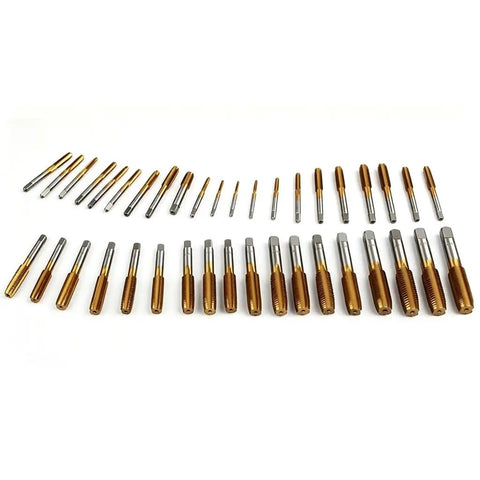 Essential Garage Workshop Threading Repair Kit boasting 86 Piece Tap And Die Set With Heavy Steel Build Includes Tap Handles Die Holders Plus Portable Metal Case For Serious SAE Metric Job Fixes, tap and die bits laid out