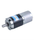 36mm Dc Planetary Gear Motor With 8mm Shaft And 12V 24V Dual Power focused on the shaft, showcasing durable metal construction.