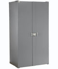 Straight Up Heavy Duty Storage Bin Cabinet With 132 Red Plastic Organizers Featuring Slick Louvered Doors Swinging Wide Open.