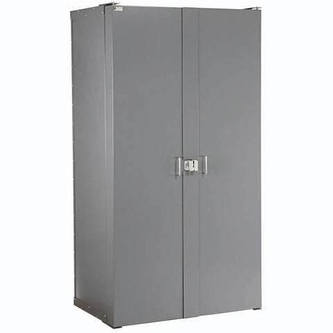 Straight Up Heavy Duty Storage Bin Cabinet With 132 Red Plastic Organizers Featuring Slick Louvered Doors Swinging Wide Open.