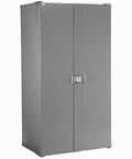 Heavy Duty Workshop Storage Rig With Sixty Eight Durable Yellow Plastic Bins And Fully Adjustable Interior Shelves showcasing a gray steel tool rack cabinet.